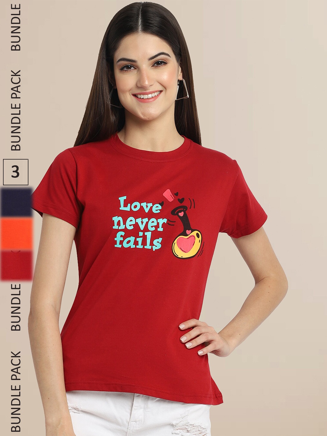 

Fabflee Women Pack of 3 Printed Cotton T-shirts, Red