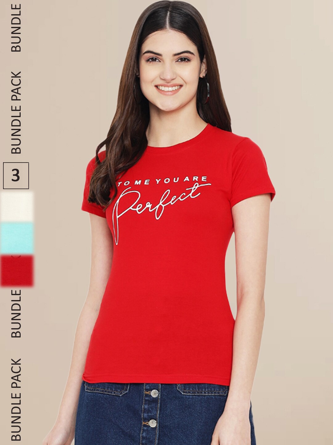 

Fabflee Women Pack Of 3 Typography Printed Cotton T-shirt, Red