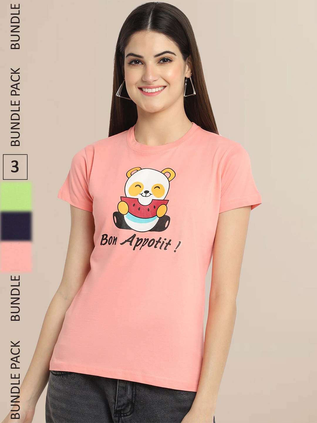 

Fabflee Women Pack Of 3 Printed Cotton T-shirt, Peach