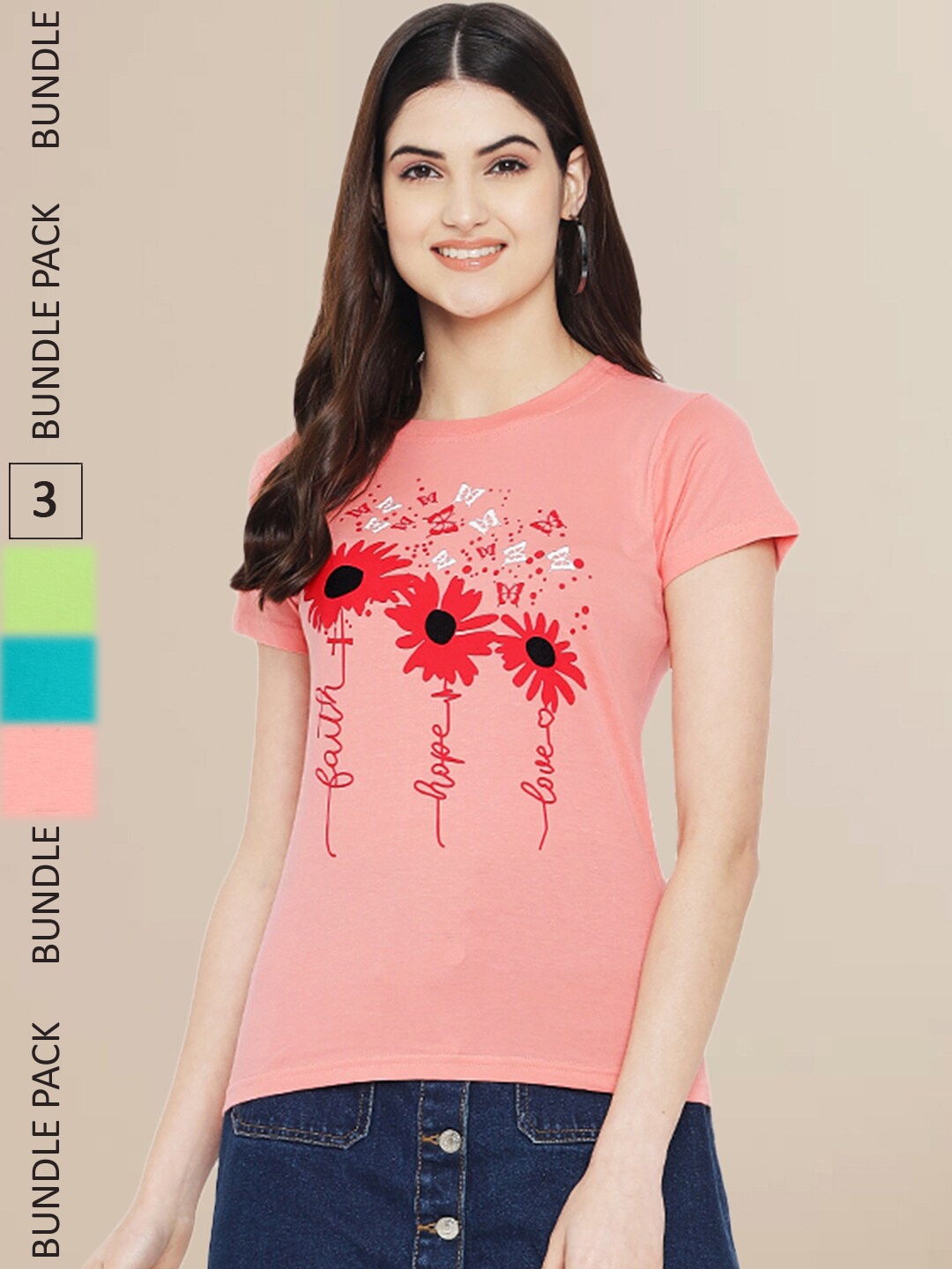 Fabflee Women Pack Of 3 Printed Cotton T-shirt, Coral