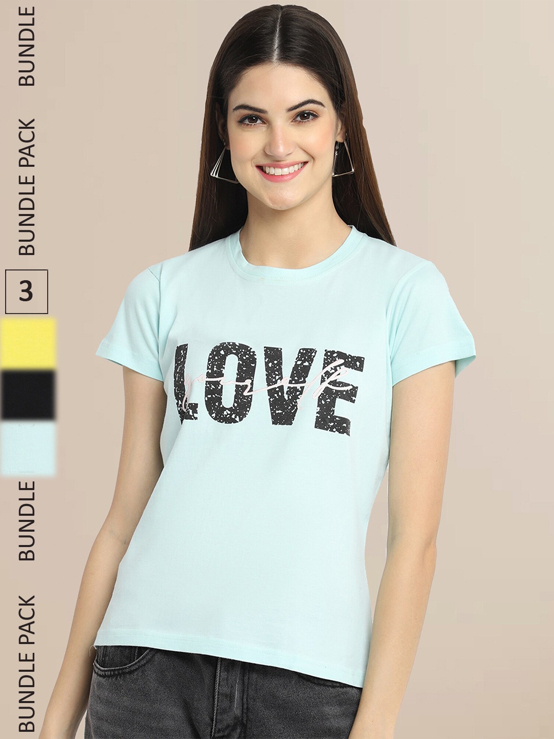 Fabflee Women Pack Of 3 Printed Cotton T-shirt, Sea green