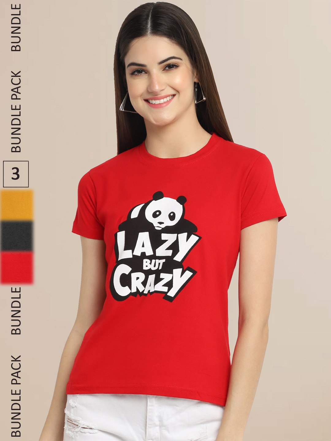 

Fabflee Women Pack Of 3 Printed Cotton T-shirts, Red
