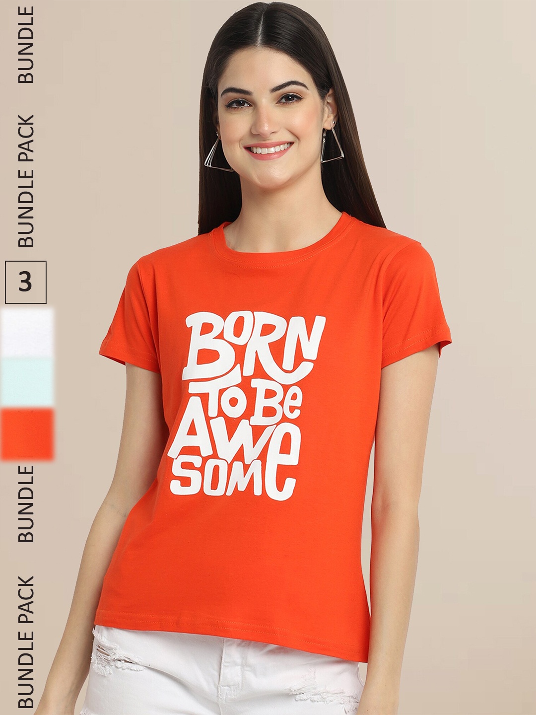

Fabflee Women Pack Of 3 Typography Printed Cotton T-shirt, Orange