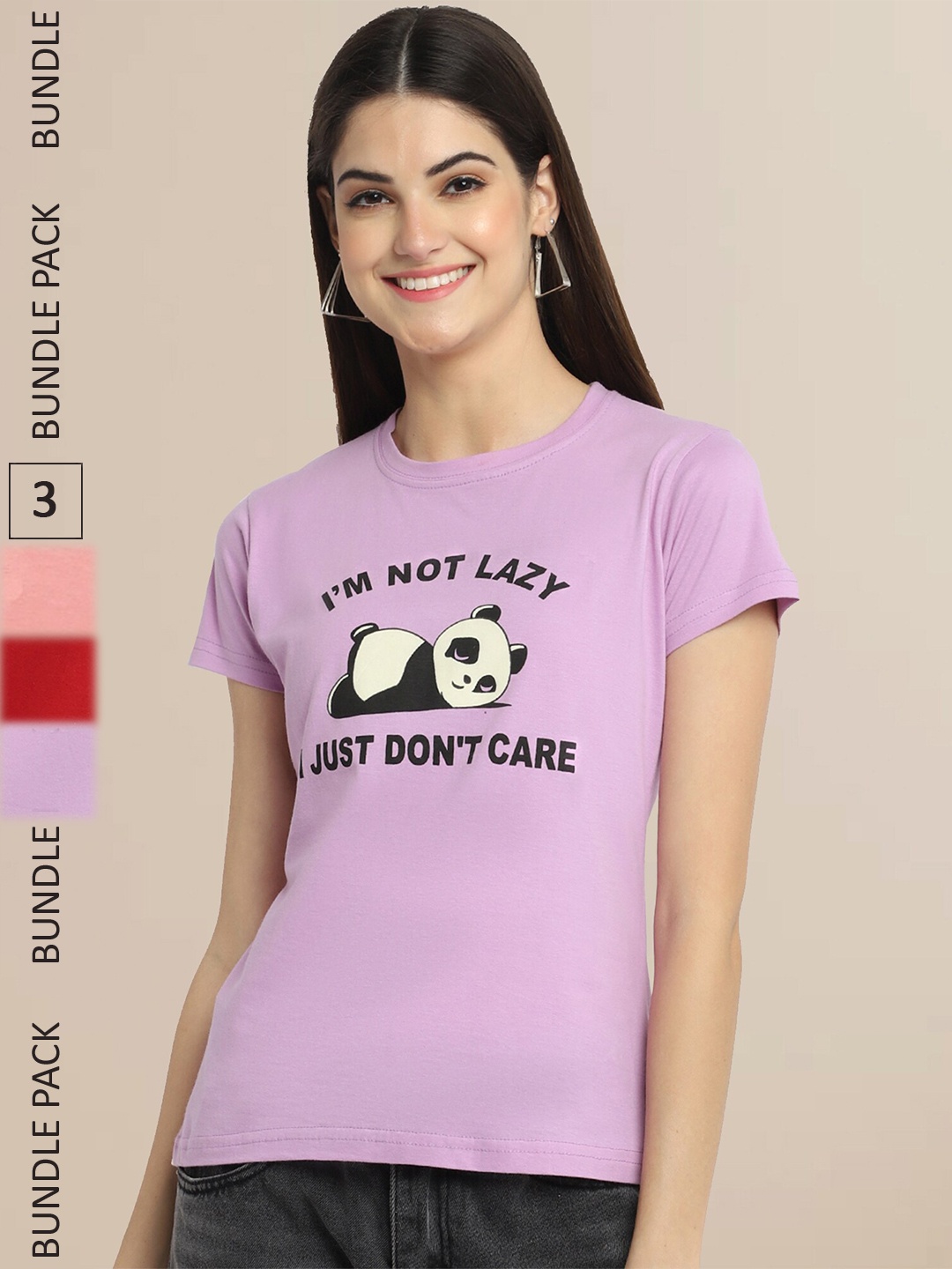 

Fabflee Women Pack Of 3 Printed Cotton T-shirts, Lavender