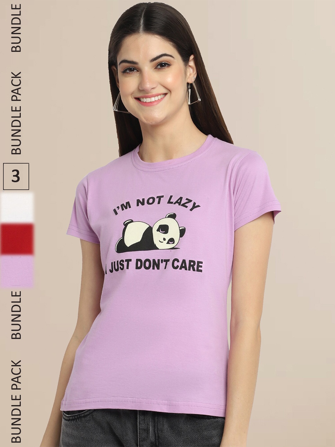 

Fabflee Women Pack Of 3 Printed Cotton T-shirts, Lavender