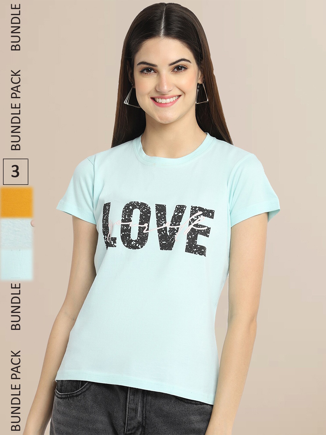 

Fabflee Women Pack Of 3 Printed Cotton T-shirts, Sea green