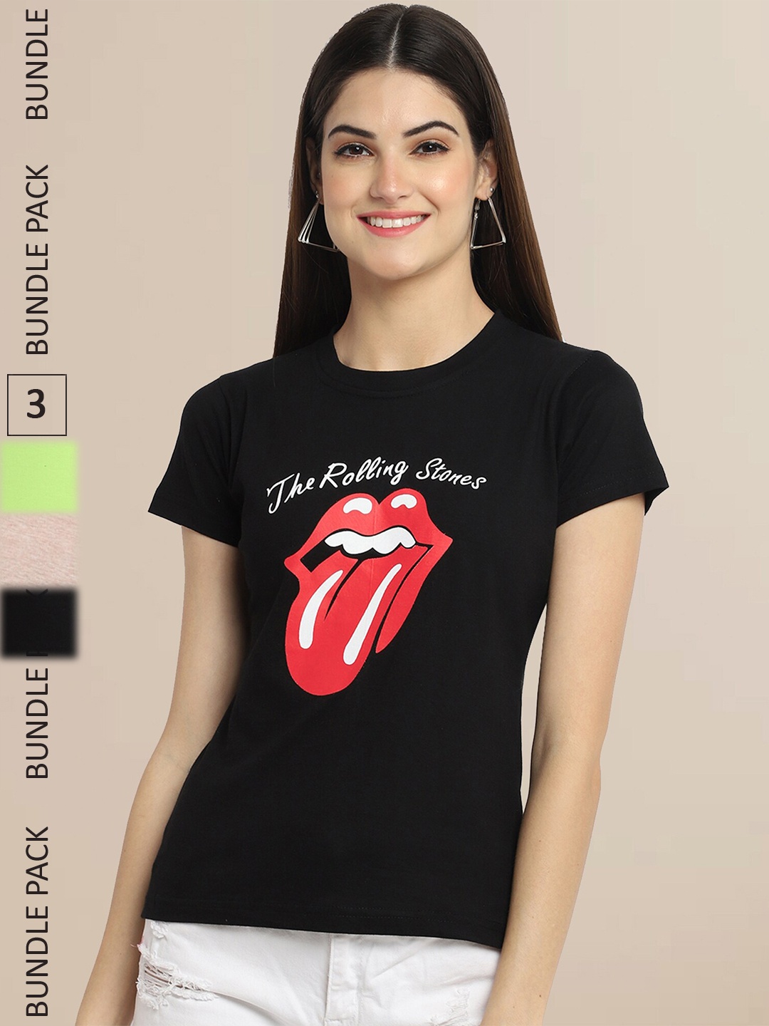 

Fabflee Women Pack Of 3 Printed Cotton T-shirts, Black