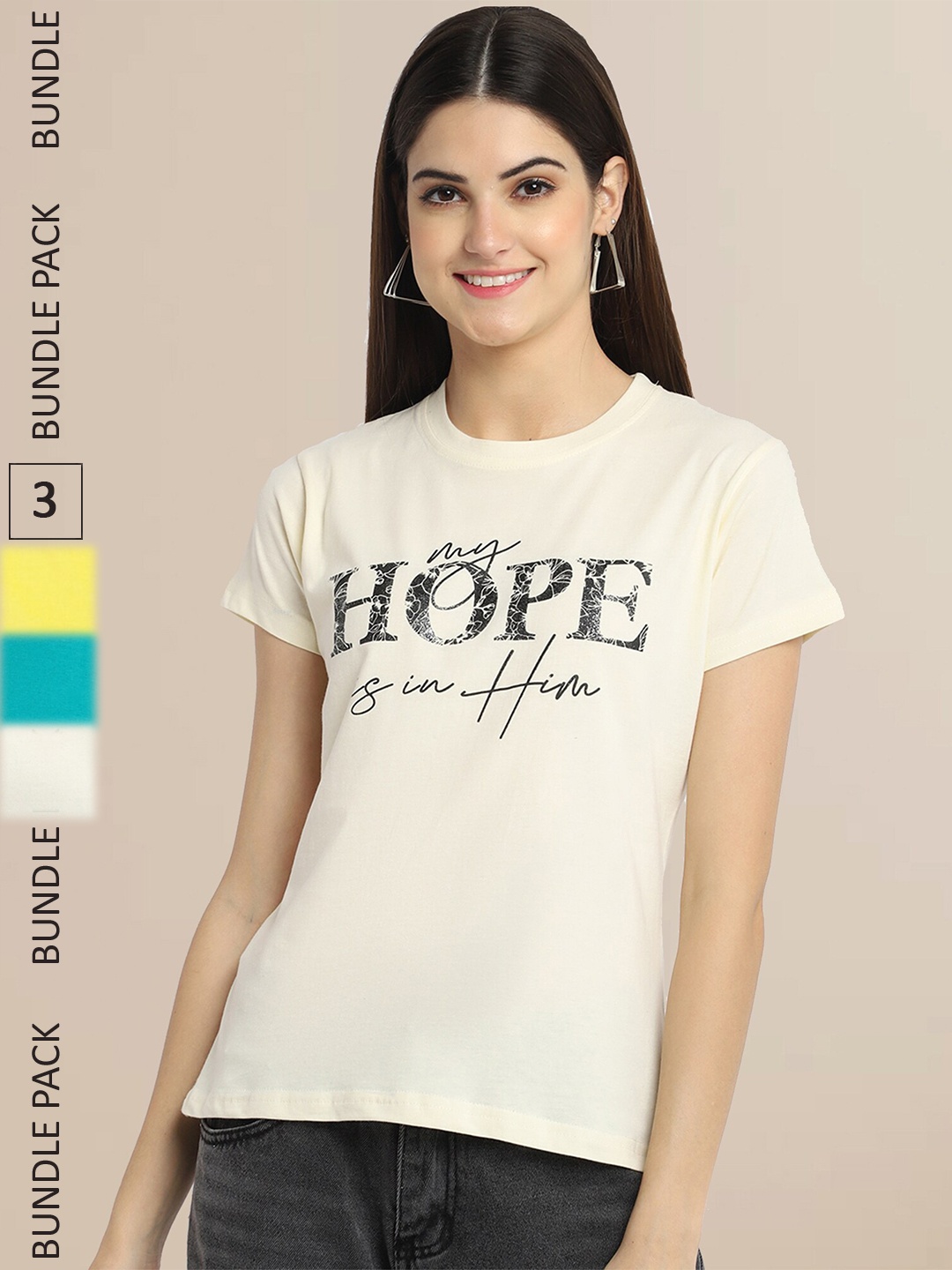 

Fabflee Women Pack Of 3 Typography Printed Cotton T-shirts, Cream
