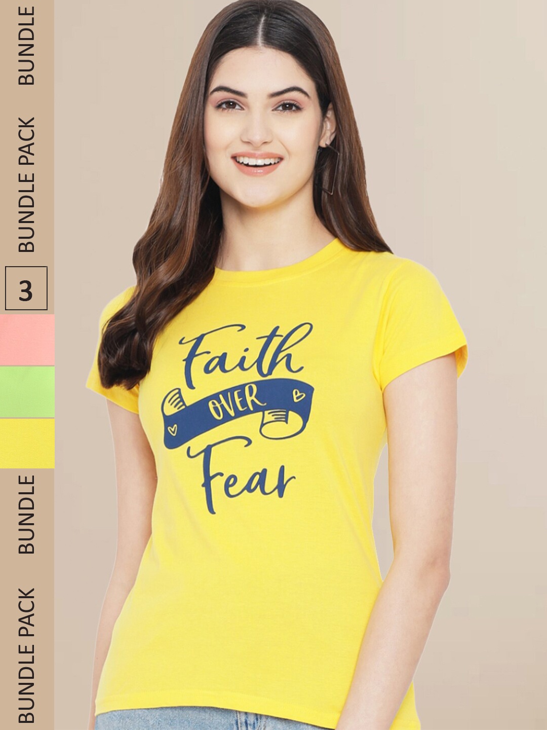 

Fabflee Women Pack Of 3 Typography Printed Cotton T-shirts, Yellow