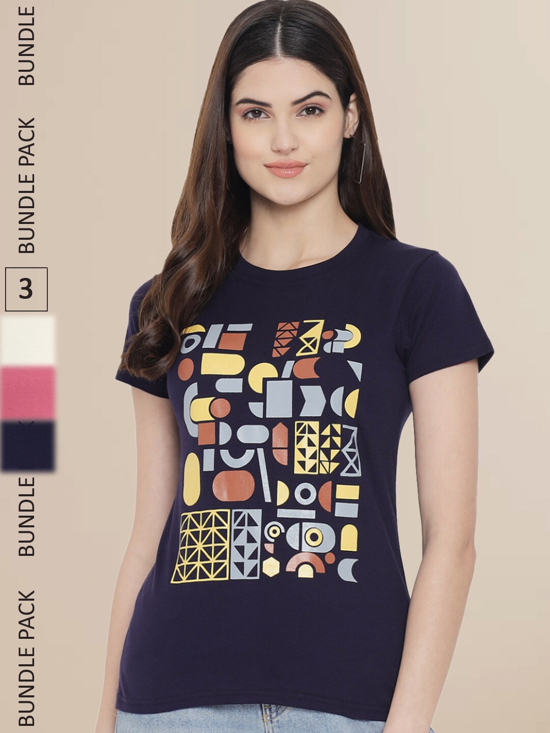 

Fabflee Women Pack Of 3 Printed Cotton T-shirts, Black