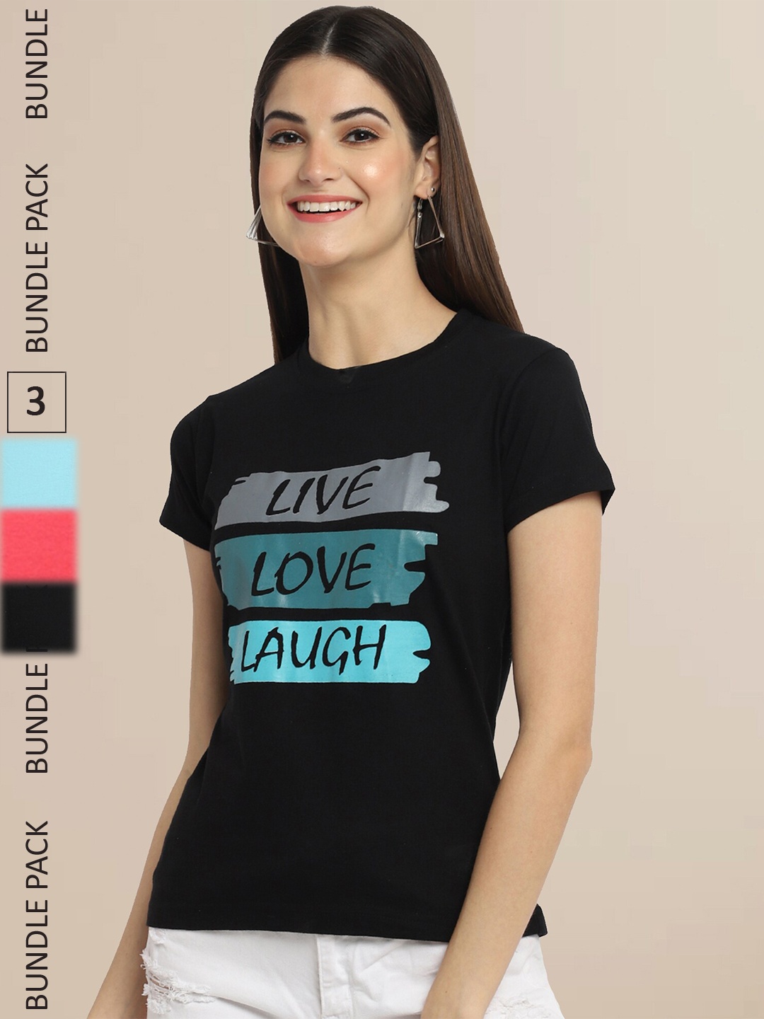 

Fabflee Women Pack Of 3 Printed Cotton T-shirts, Black