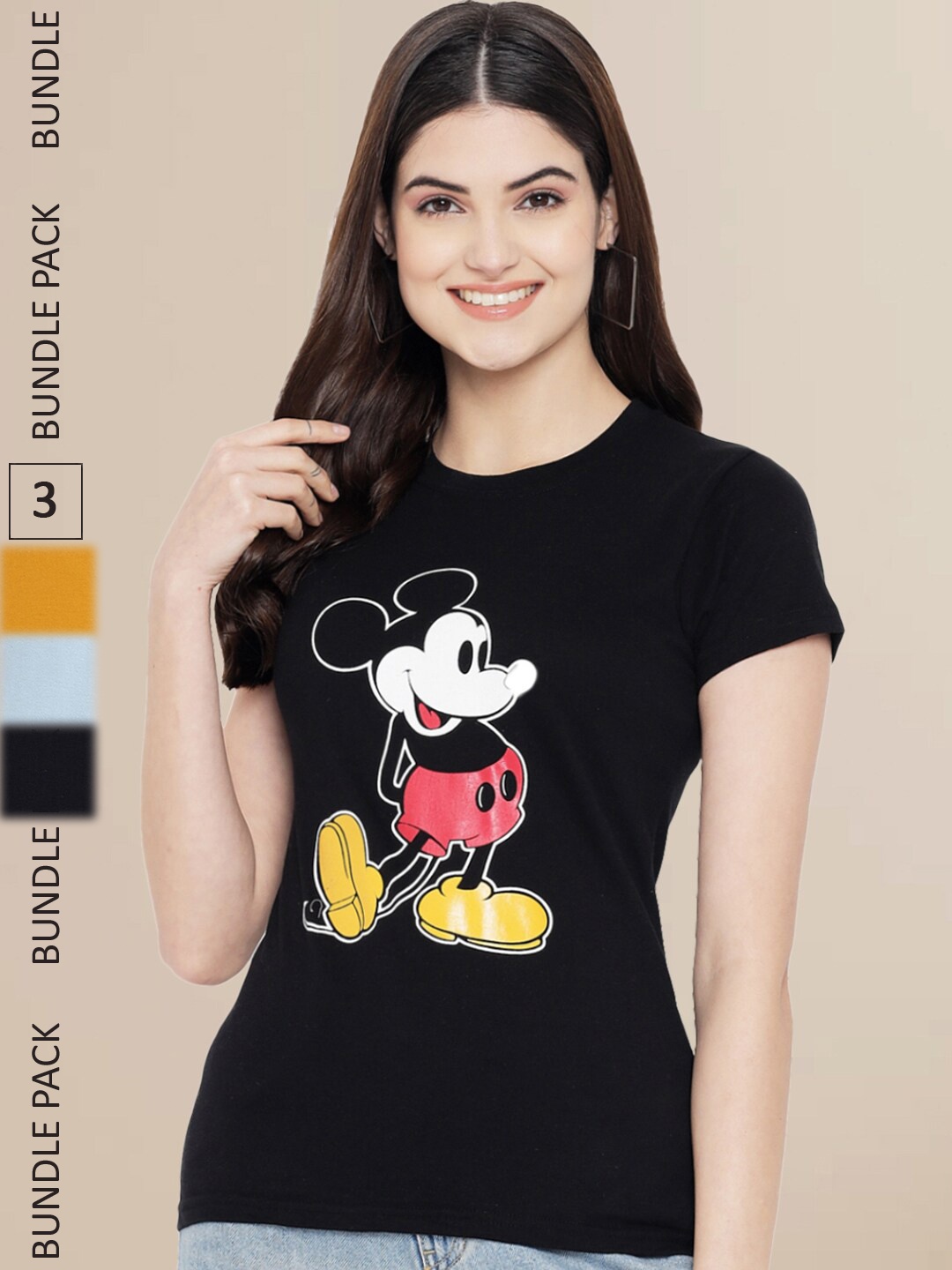 

Fabflee Women Pack Of 3 Printed Cotton T-shirts, Black