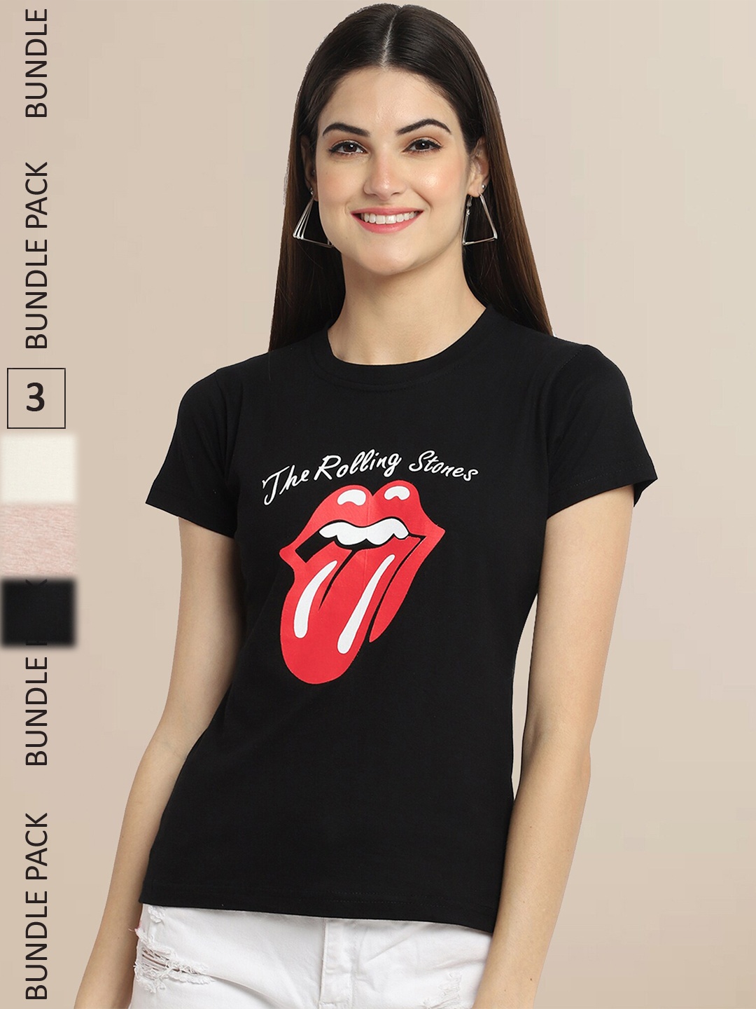 

Fabflee Women Pack Of 3 Printed Cotton T-shirts, Black
