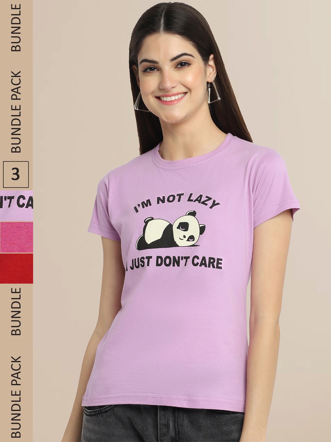 

Fabflee Women Pack Of 3 Typography Printed Cotton T-shirts, Lavender