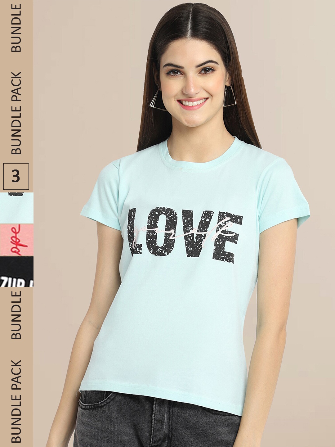 

Fabflee Women Pack Of 3 Typography Printed Cotton T-shirts, Sea green