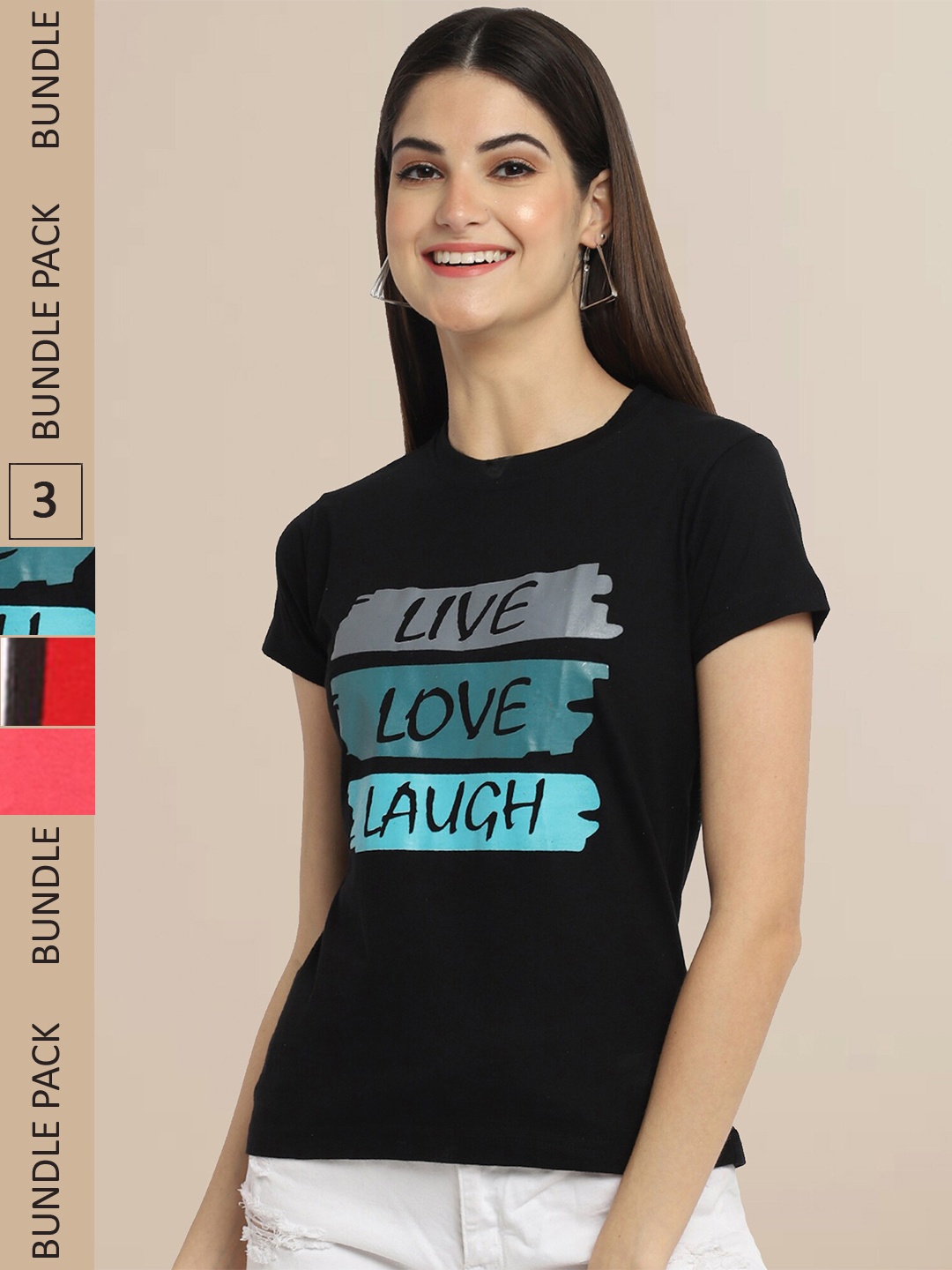 

Fabflee Women Black & Red Pack of 3 Graphic Printed Cotton T-shirt