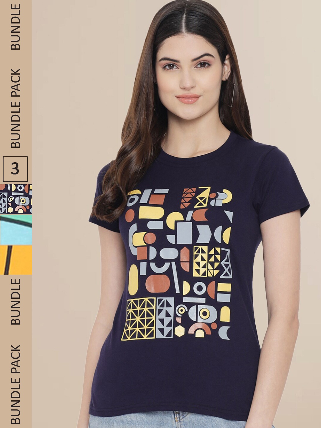 

Fabflee Women Navy Blue & Pink Pack of 3 Graphic Printed Cotton T-shirt