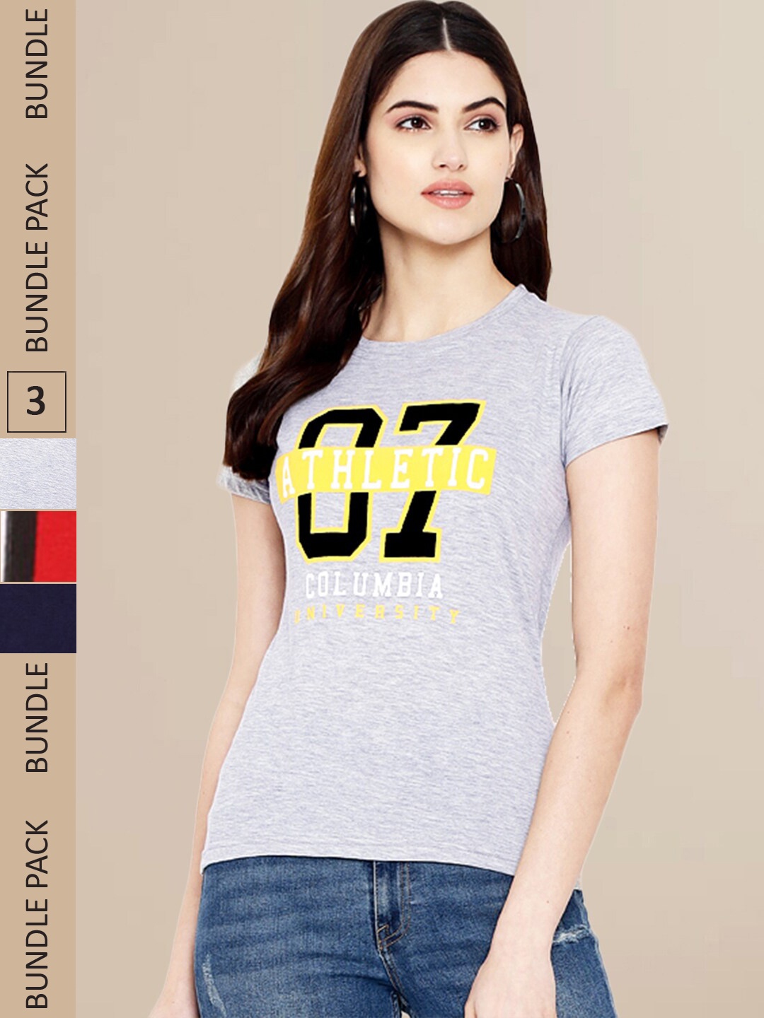 Fabflee Women Navy Blue & Grey Pack of 3 Graphic Printed Cotton T-shirt