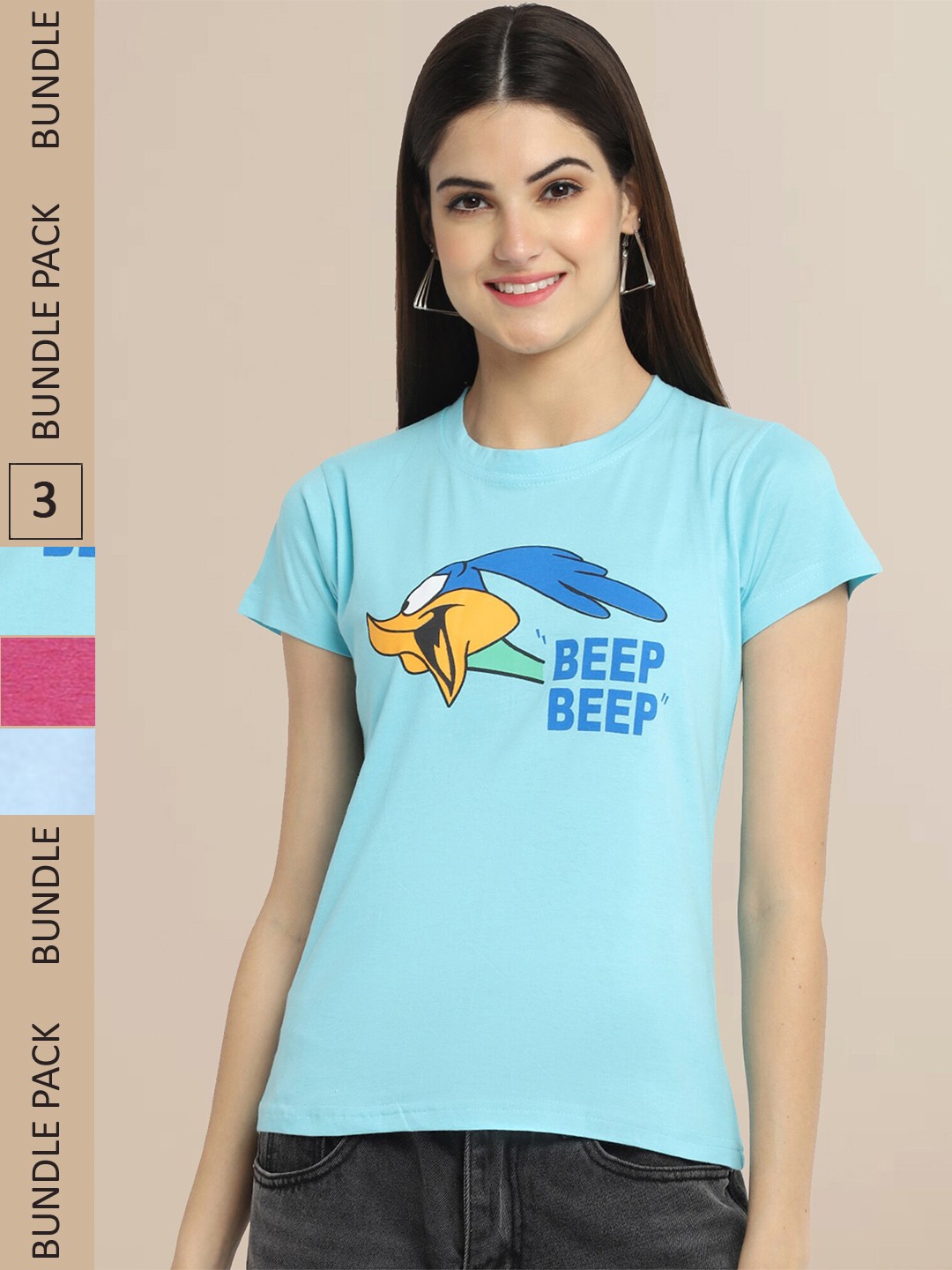 

Fabflee Women Blue & Pink Pack of 3 Graphic Printed Cotton T-shirt