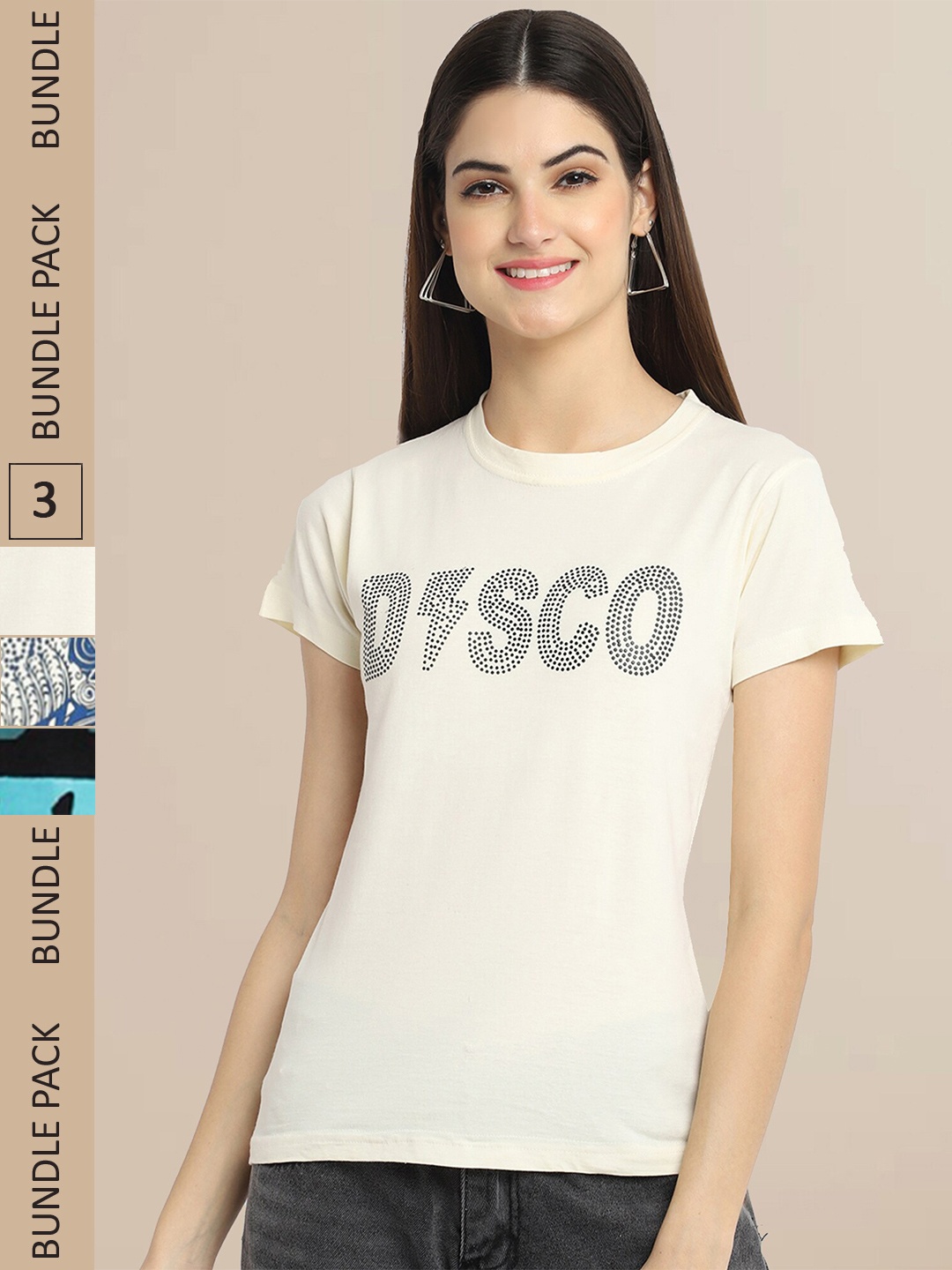 

Fabflee Women Black & Cream Pack of 3 Graphic Printed Cotton T-shirt