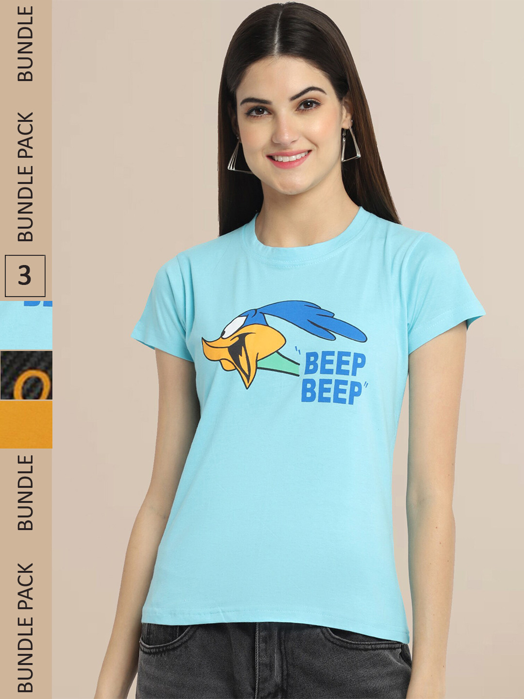 

Fabflee Women Mustard Yellow & Blue Pack of 3 Graphic Printed Cotton T-shirt