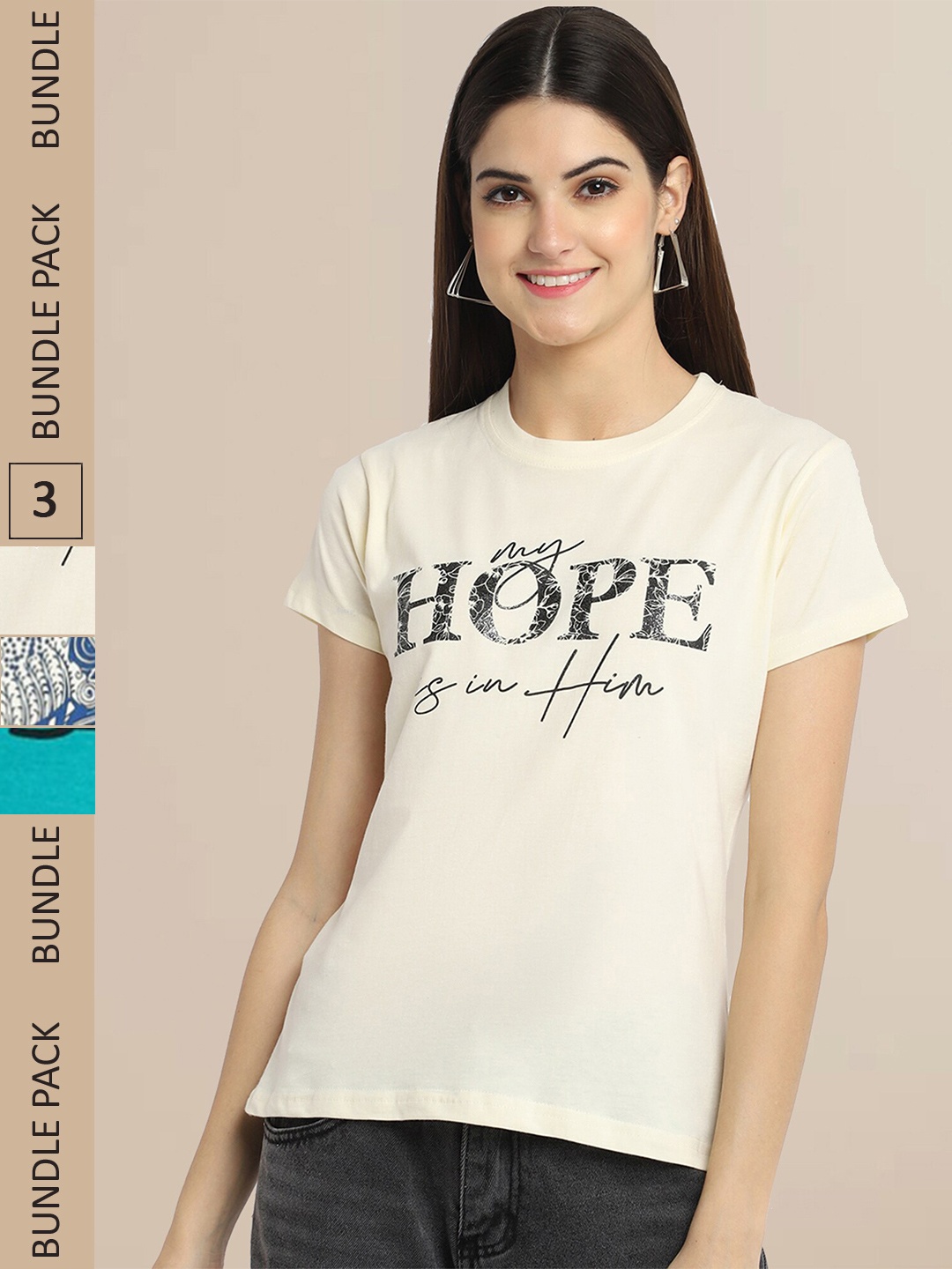 Fabflee Women Yellow & Blue Pack of 3 Graphic Printed Cotton T-shirt