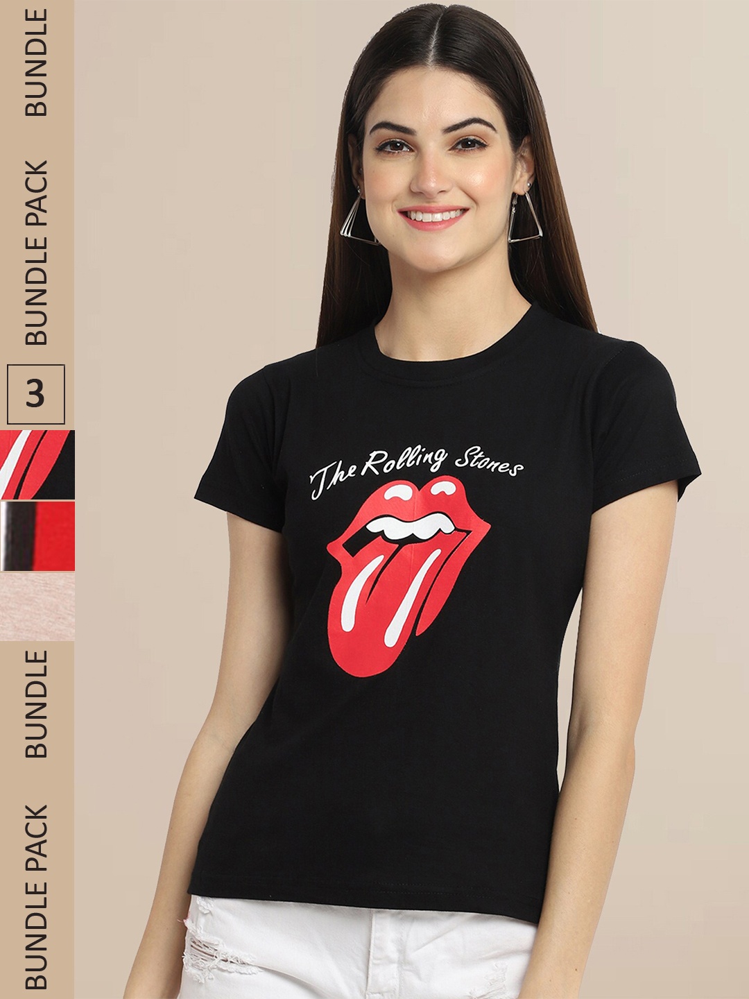 

Fabflee Women Black & Red Pack of 3 Graphic Printed Cotton T-shirt