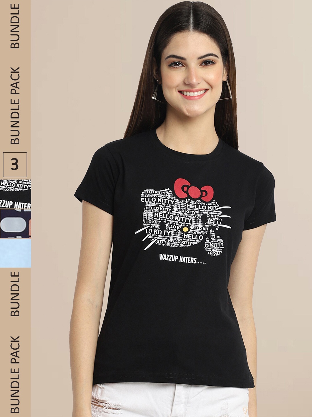 

Fabflee Women Black & Navy Blue Pack of 3 Graphic Printed Cotton T-shirt