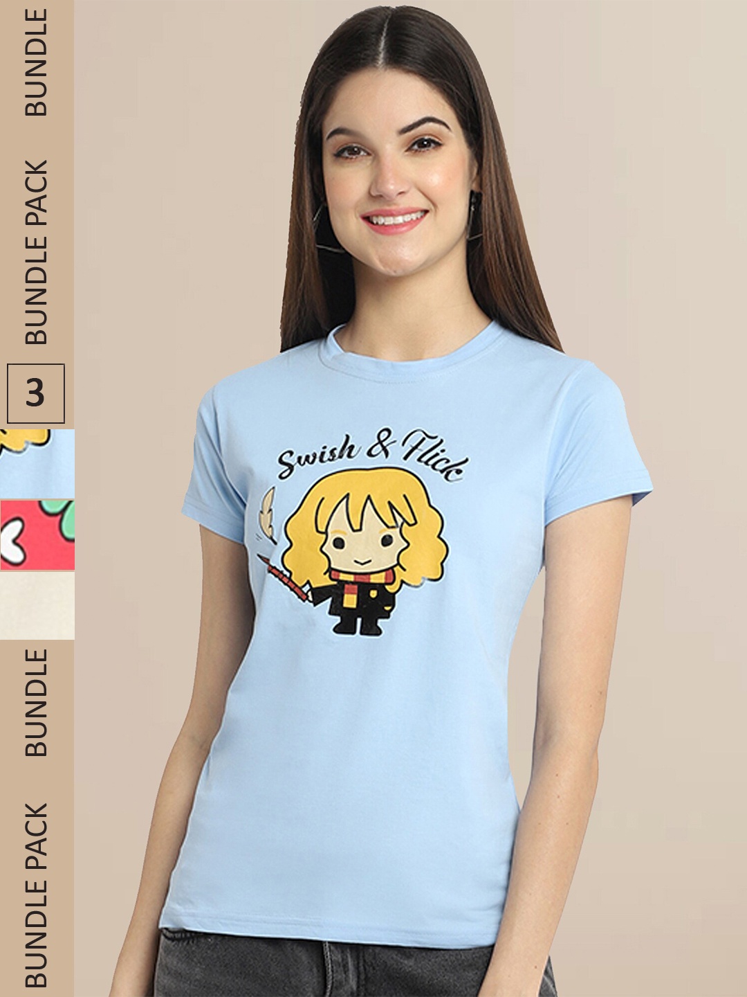 

Fabflee Women Blue & Cream Pack of 3 Graphic Printed Cotton T-shirt