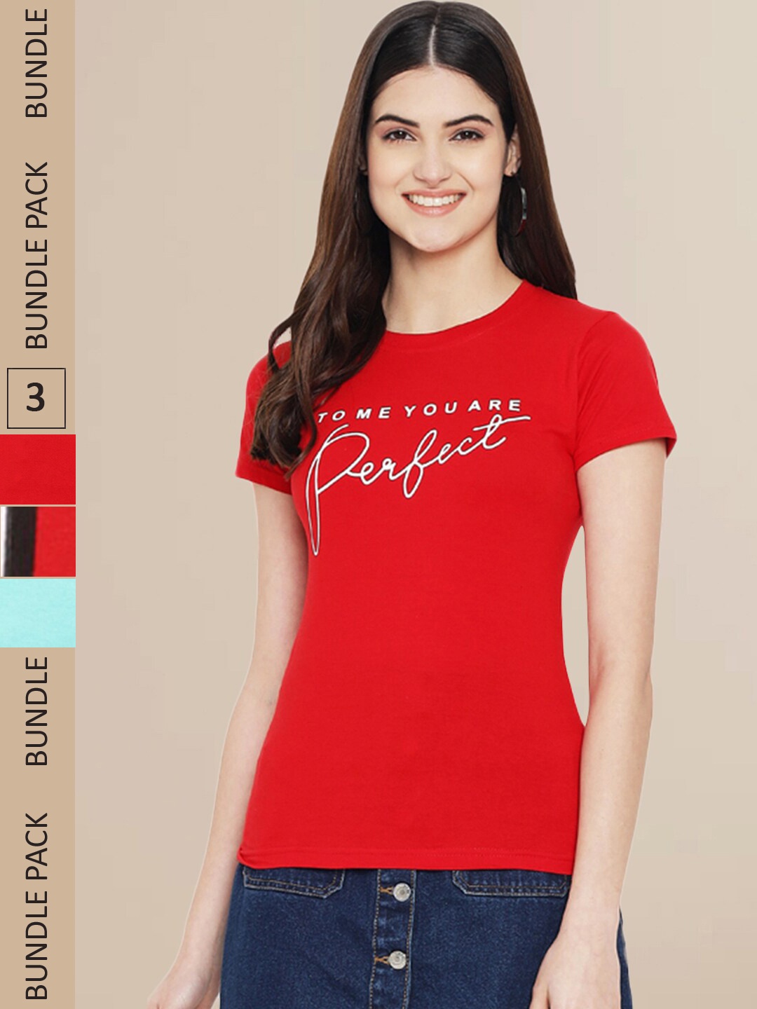 

Fabflee Women Red & Blue Pack of 3 Graphic Printed Cotton T-shirt