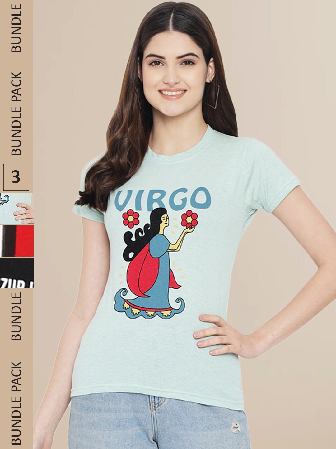 

Fabflee Women Black & Red Pack of 3 Graphic Printed Cotton T-shirt