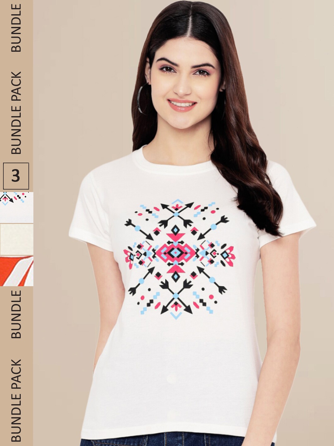 

Fabflee Women White & Orange Pack of 3 Graphic Printed Cotton T-shirt, Cream