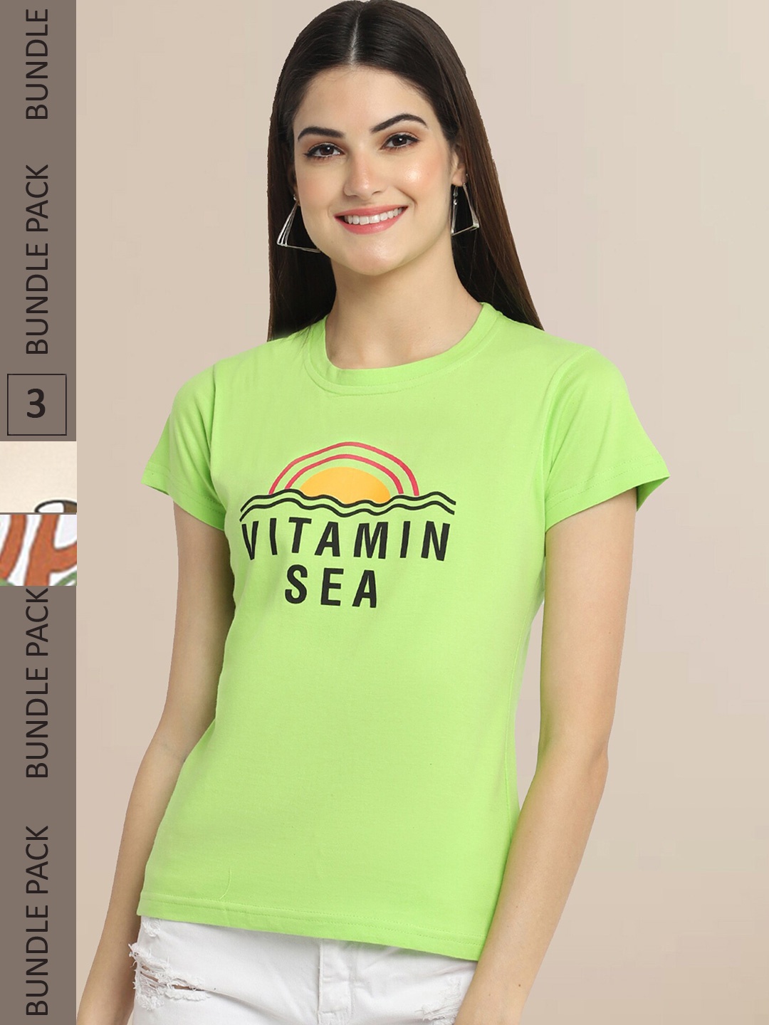 

Fabflee Women Green & White Pack of 3 Graphic Printed Cotton T-shirt
