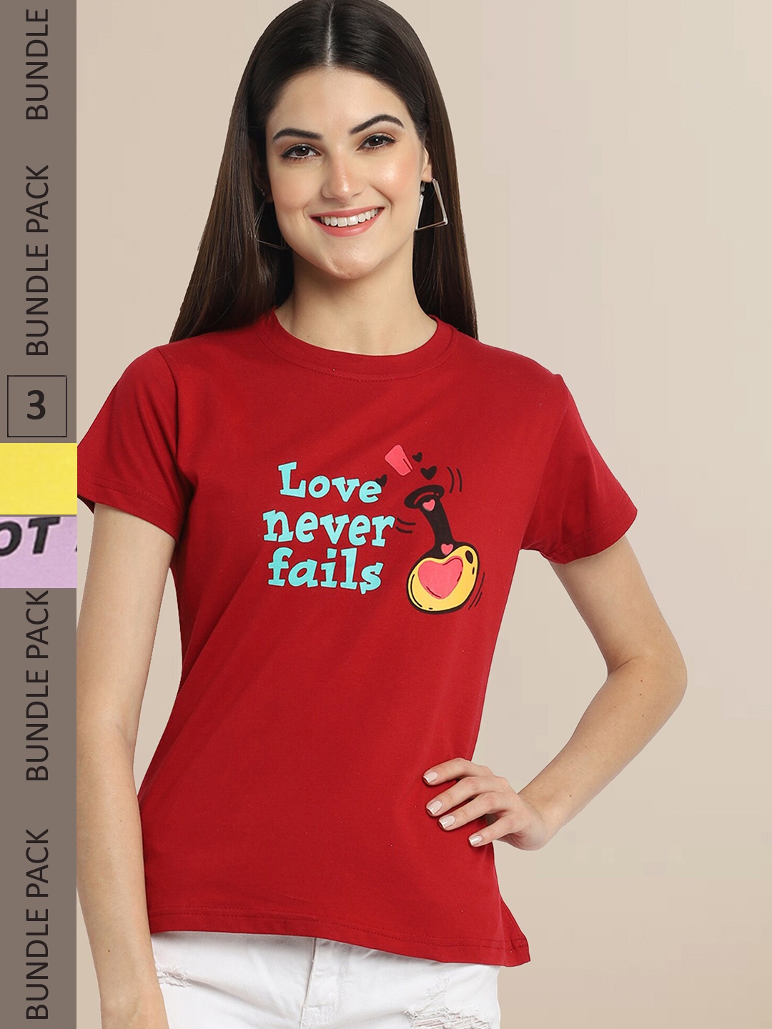 

Fabflee Women Red & Yellow Pack of 3 Graphic Printed Cotton T-shirt