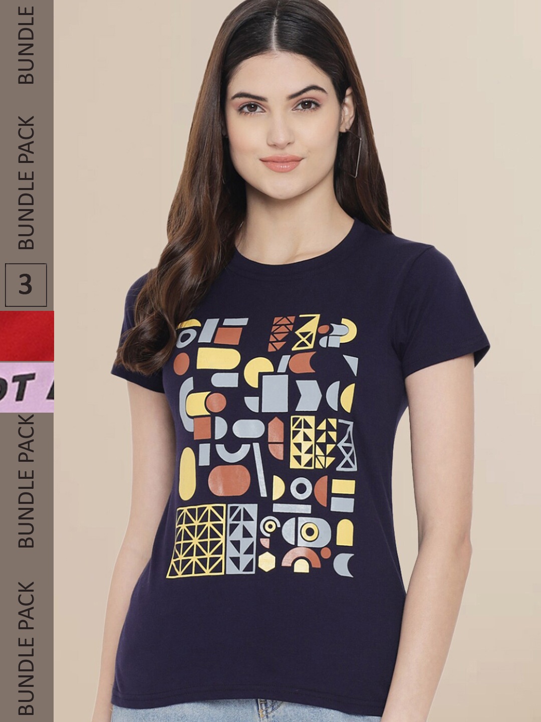 Fabflee Women Navy Blue & Maroon Pack of 3 Graphic Printed Cotton T-shirt