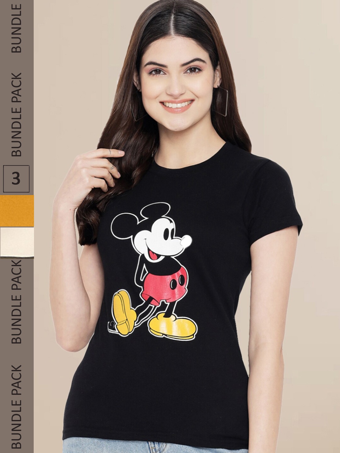 Fabflee Women Black & Mustard Yellow Pack of 3 Graphic Printed Cotton T-shirt