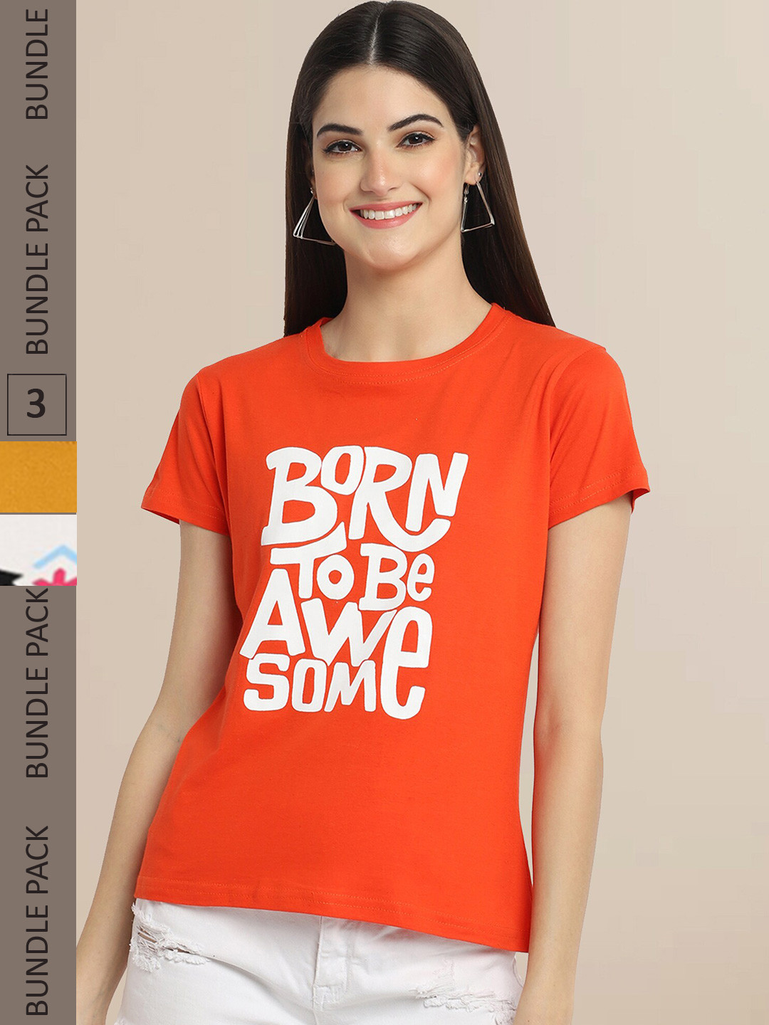 

Fabflee Women Orange & White Pack of 3 Graphic Printed Cotton T-shirt