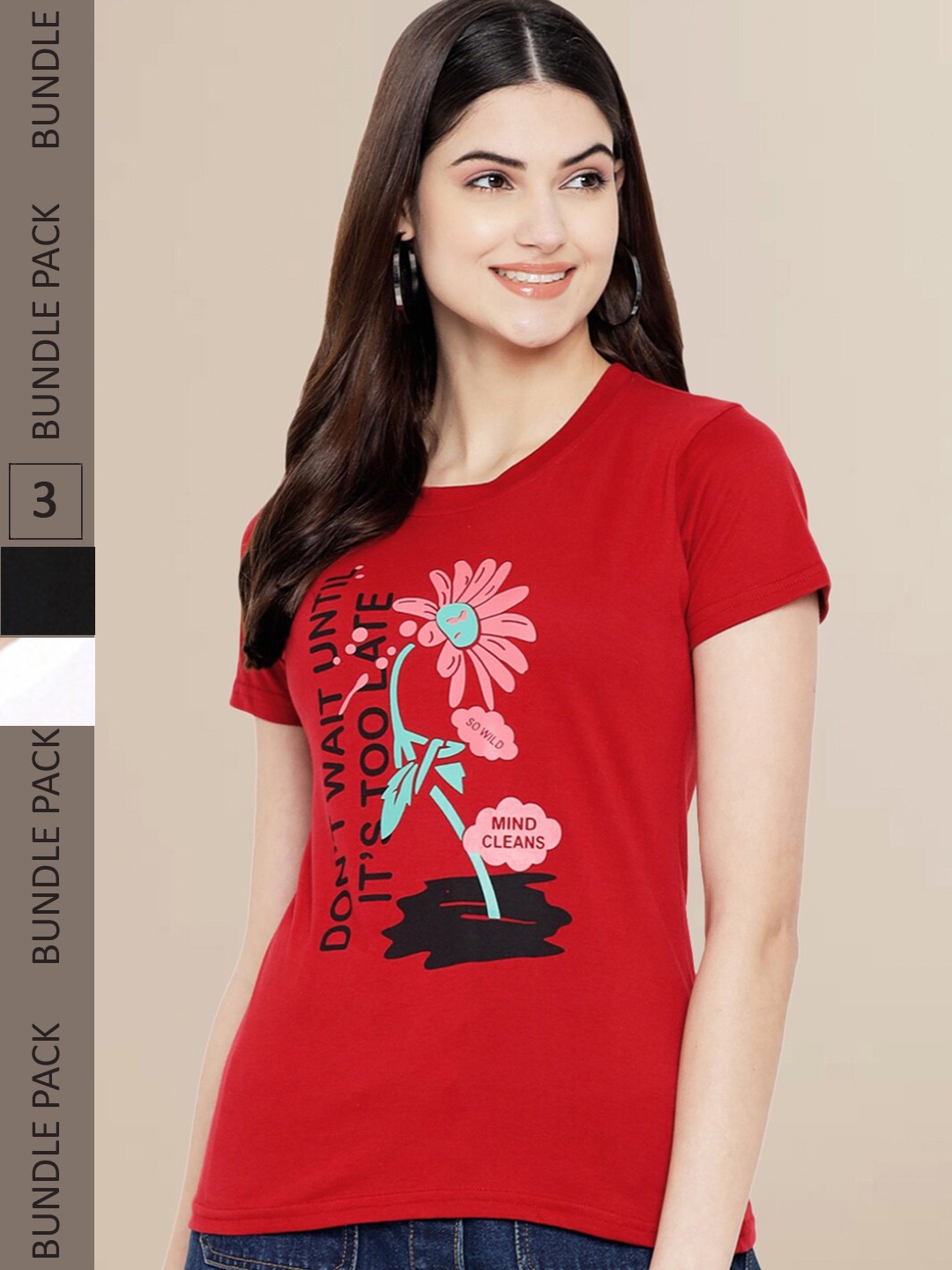 

Fabflee Women Red & White Pack of 3 Graphic Printed Cotton T-shirt