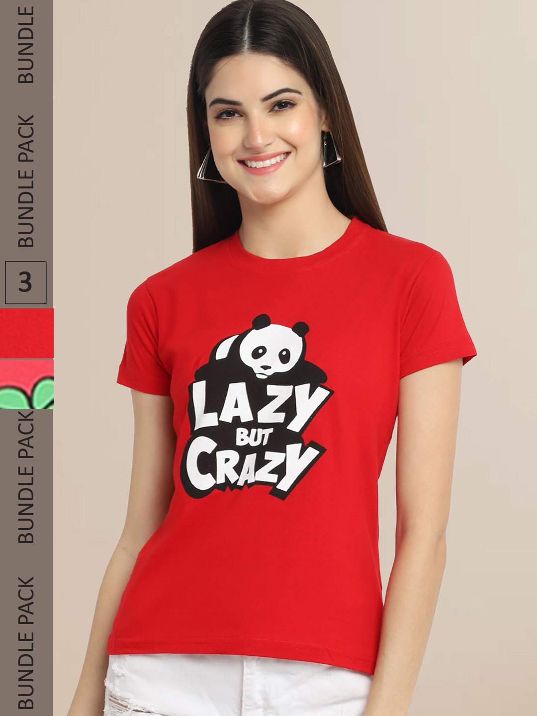 

Fabflee Women Red & Coral Pack of 3 Graphic Printed Cotton T-shirt