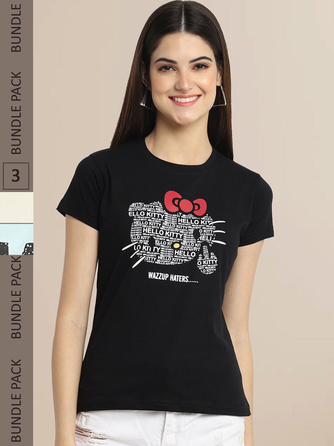 

Fabflee Women Black & Blue Pack of 3 Graphic Printed Cotton T-shirt
