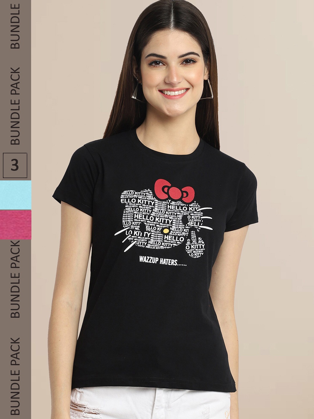 

Fabflee Women Black & Pink Pack of 3 Graphic Printed Cotton T-shirt