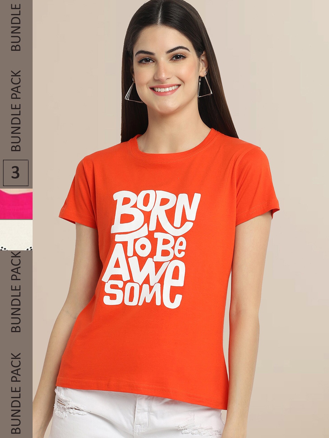 

Fabflee Women Orange & Pink Pack of 3 Graphic Printed Cotton T-shirt
