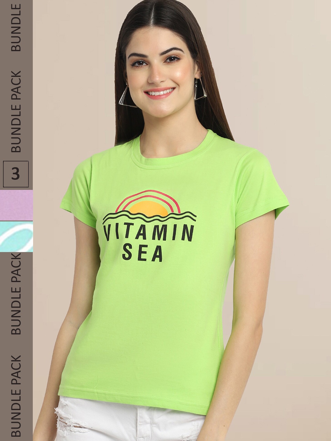 Fabflee Women Green & Blue Pack of 3 Graphic Printed Cotton T-shirt
