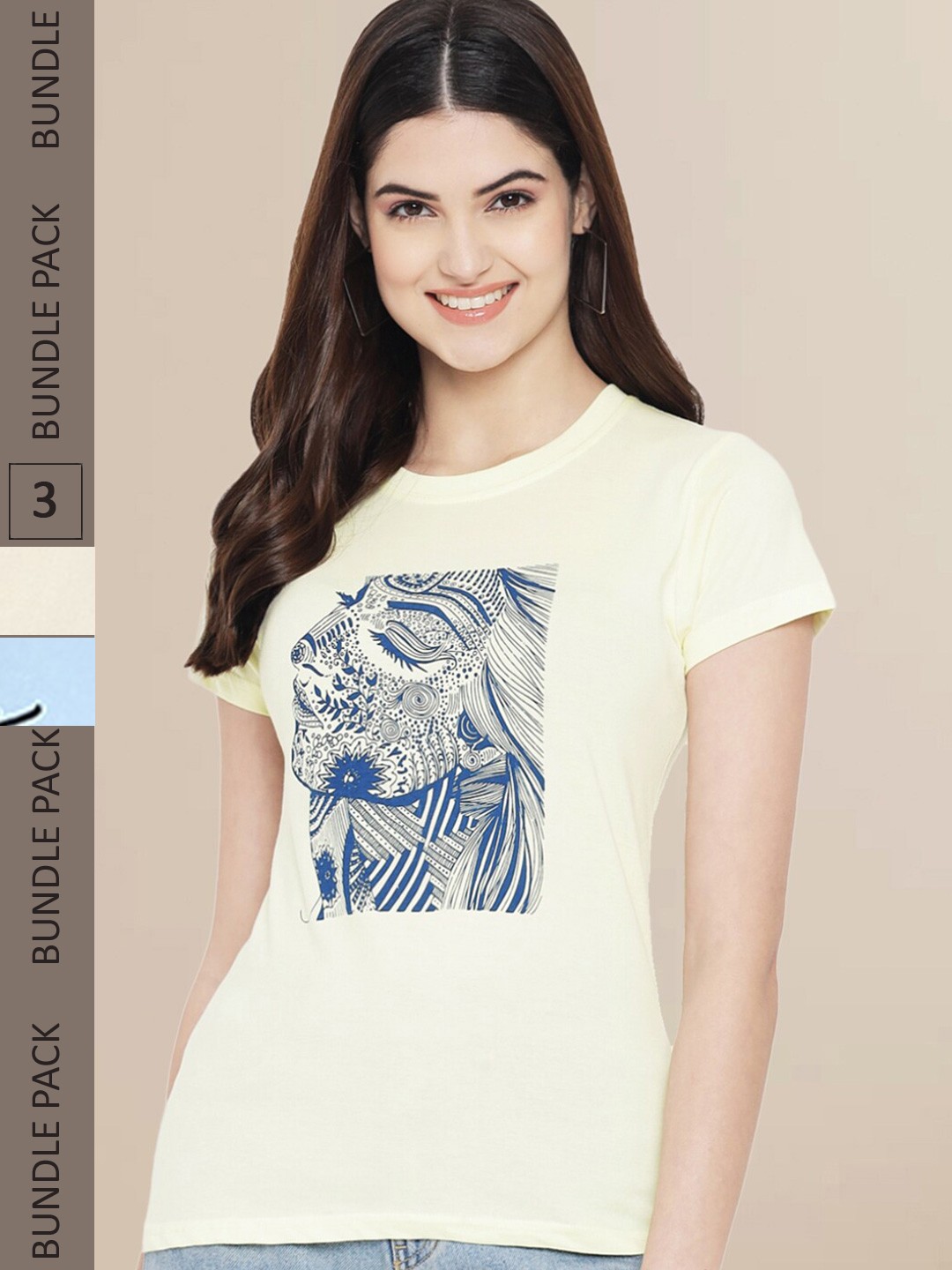 

Fabflee Women Yellow & Blue Pack of 3 Graphic Printed Cotton T-shirt