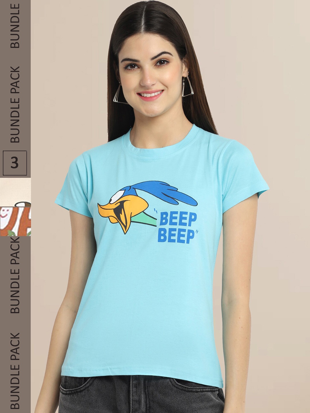 

Fabflee Women Blue & Beige Pack of 3 Graphic Printed Cotton T-shirt