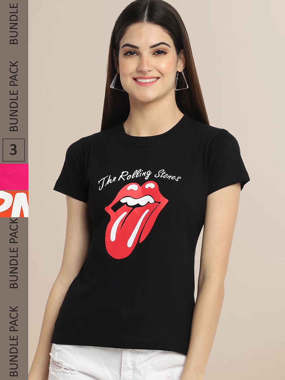 

Fabflee Women Black & Pink Pack of 3 Graphic Printed Cotton T-shirt