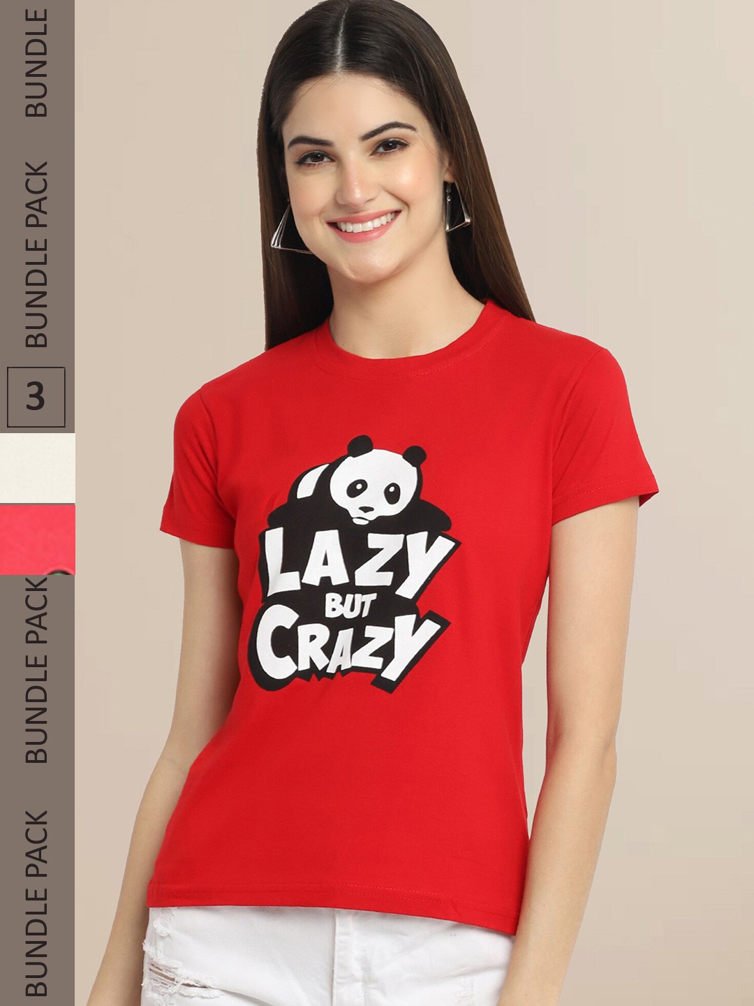 

Fabflee Women Red & Coral Pack of 3 Graphic Printed Cotton T-shirt