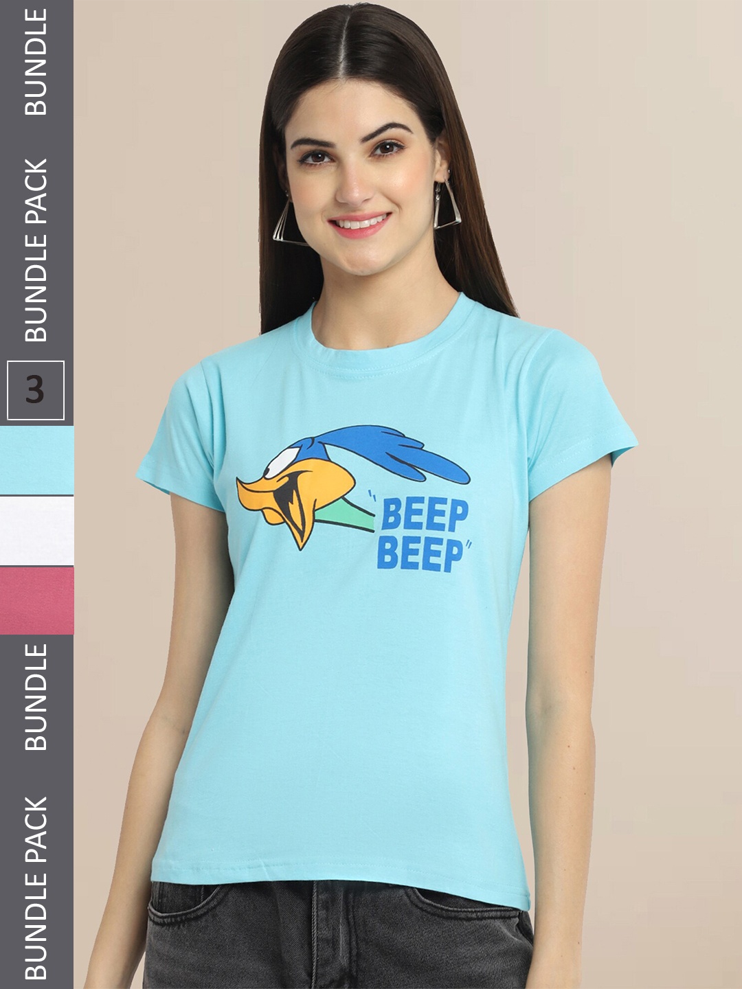 Fabflee Women Blue & White Pack of 3 Graphic Printed Cotton T-shirt