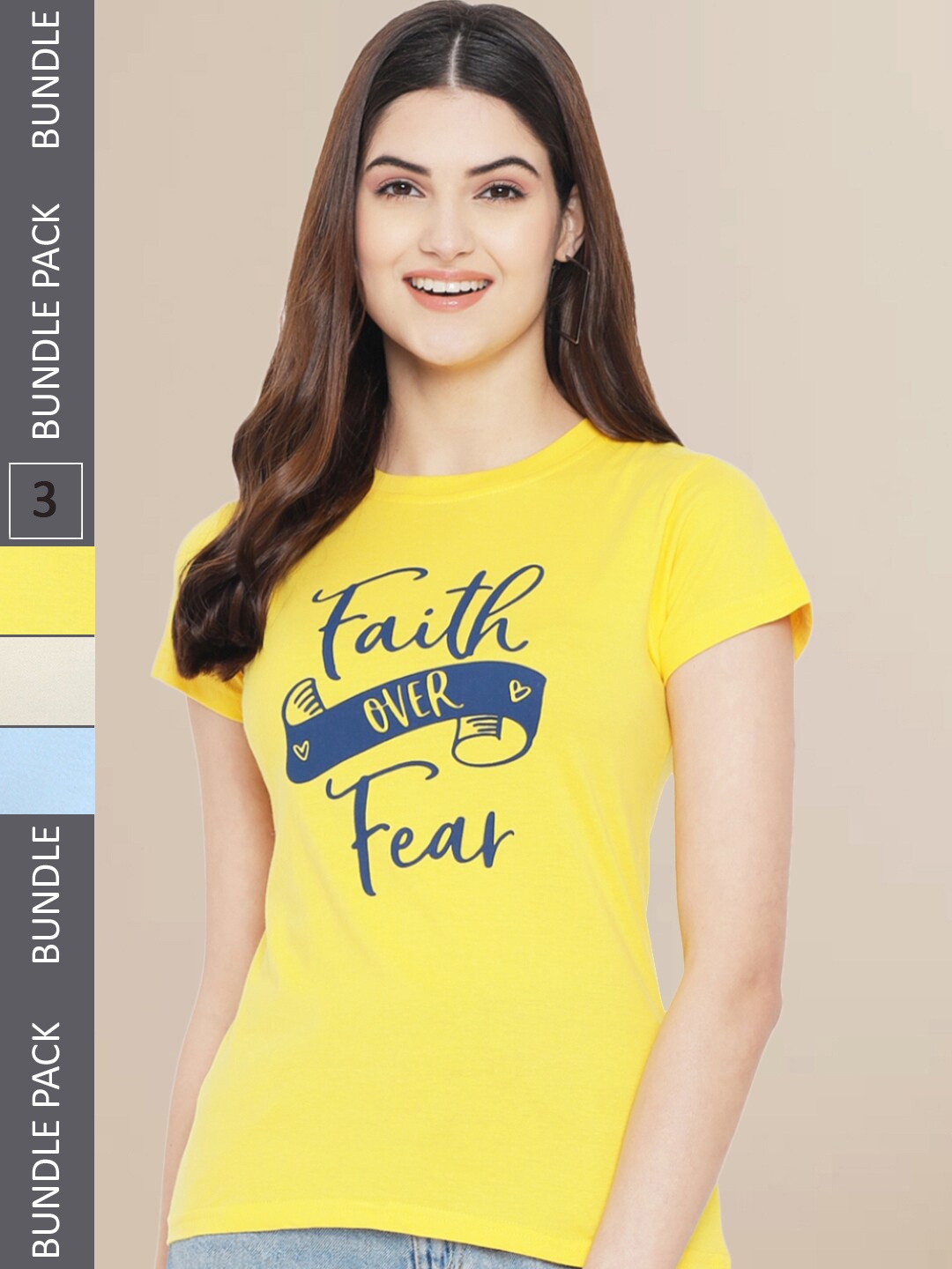 Fabflee Women Yellow & Blue Pack of 3 Graphic Printed Cotton T-shirt