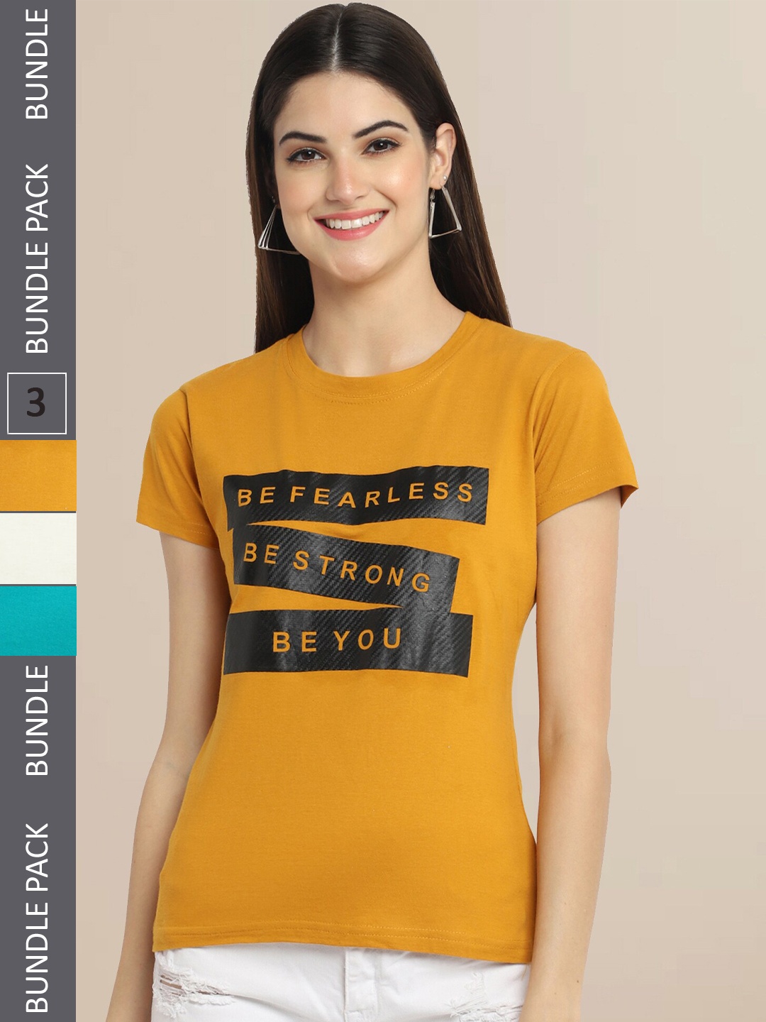 

Fabflee Women Mustard Yellow & Blue Pack of 3 Graphic Printed Cotton T-shirt
